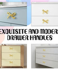 Six Pcs Gold Bow Knobs Set With Screws, Vintage Brass Drawer Handles For Cabinets and Dressers, Antique Gold Finish displayed on drawers.