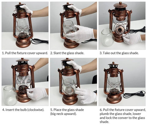 Installation steps for rustic lantern table lamp plug-in, showing glass shade and E12 socket details, warm cozy glow setup.