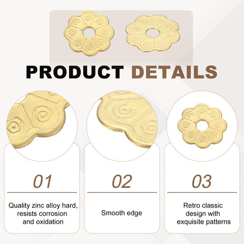 Set Of 10 Vintage Brass Cabinet Backplates With 1 Inch Floral Flower Shape Washers showcasing detailed patterns and smooth edges