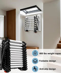Premium Electric Retractable Attic Ladder Built From Tough Titanium Magnesium Alloy Featuring Dependable Telescoping Handrails For Whisper Quiet Indoor Outdoor Loft Access That Runs Smooth As Silk in folded position with skylight.