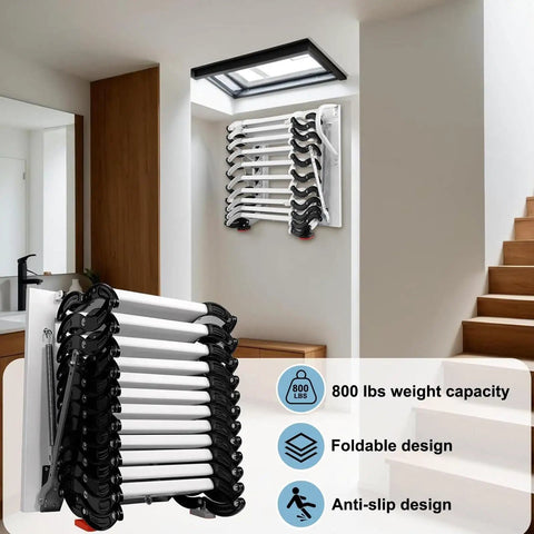 Premium Electric Retractable Attic Ladder Built From Tough Titanium Magnesium Alloy Featuring Dependable Telescoping Handrails For Whisper Quiet Indoor Outdoor Loft Access That Runs Smooth As Silk in folded position with skylight.