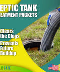 Image showing septic tank treatment packets promoting clog prevention and future buildup reduction. USA made, eco-friendly product.
