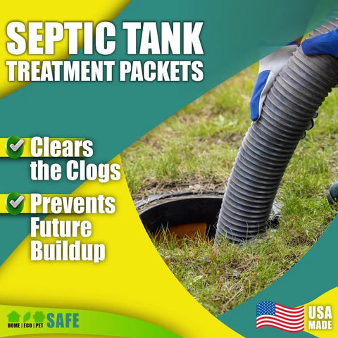 Image showing septic tank treatment packets promoting clog prevention and future buildup reduction. USA made, eco-friendly product.