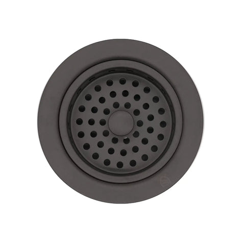 Post Style Kitchen Basket Strainer With Waste Disposal Flange And Stopper In Matte Black Pro Grade, top view of round sink drain filter