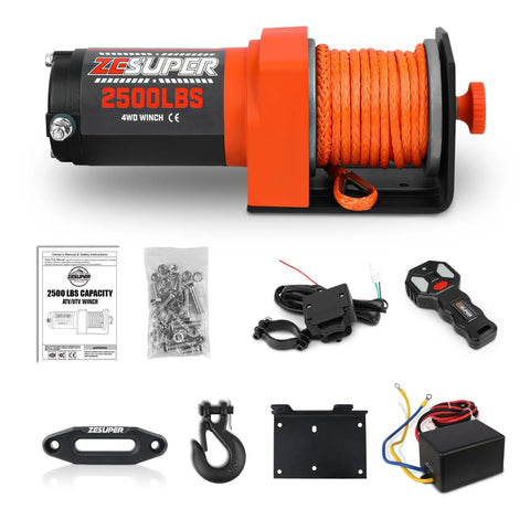 Heavy Duty 2500 lb Electric Winch 12V DC With 30ft Synthetic Rope For UTV ATV Boat Recovery Kit Quick Mount Plate And Hardware 153 To 1 Gear Ratio High Efficiency Easy Install Emergency Extrication Ready, with remote and mounting kit