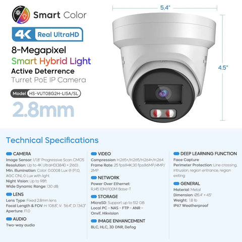 4MP Full-Color Night Vision PoE Turret Camera with 4mm Lens, two-way audio, microSD slot, and strobe alarm front angle view.