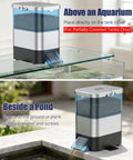Top Shelf Automatic Pond Fish Feeder With Large Capacity And Adjustable Timer, Moisture Proof Outdoor Koi Food Dispenser placed by a pond.