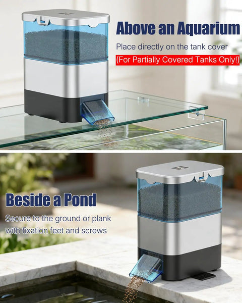 Top Shelf Automatic Pond Fish Feeder With Large Capacity And Adjustable Timer, Moisture Proof Outdoor Koi Food Dispenser placed by a pond.