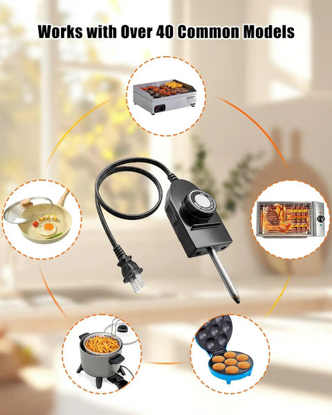 Heat Control Thermostat Probe For Electric Cookware Replacement Cord with images of compatible skillets, griddles, and pans.