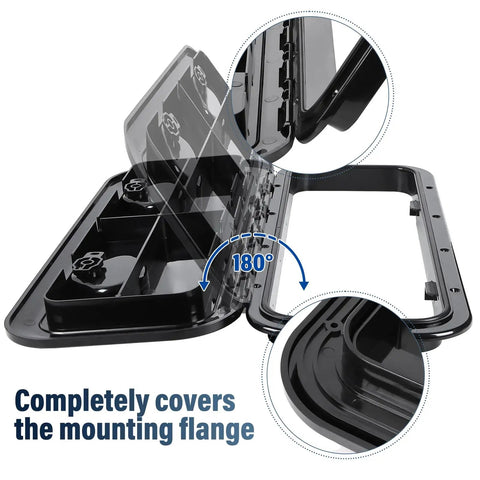 Heavy Duty Boat Hatch Cover Built Like A Tank With Premium Abs Plastic For Tight Deck Access features 180-degree swing hinge and mounting.