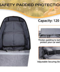 Open grey Gate Check Car Seat Travel Bag with Padded Backpack and Waist Belt Reflective Strips and Protective Feet Fits Infant Convertible and Booster Seats For Air Travel.