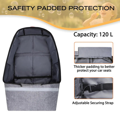 Open grey Gate Check Car Seat Travel Bag with Padded Backpack and Waist Belt Reflective Strips and Protective Feet Fits Infant Convertible and Booster Seats For Air Travel.