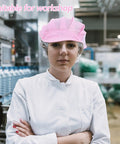 Hella Breathable Anti Static Mesh Work Cap Pink Dustproof Protective Hat Straight Up Ideal For Electronics And Cleanrooms worn by a woman in a white coat.