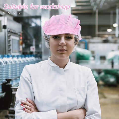 Hella Breathable Anti Static Mesh Work Cap Pink Dustproof Protective Hat Straight Up Ideal For Electronics And Cleanrooms worn by a woman in a white coat.