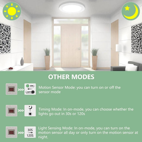Two Pack Motion Sensor LED Ceiling Light With 18W 1600LM, 9 Inch Flush Mount Fixture For Indoor Use, modes and settings displayed