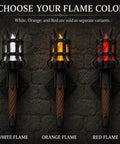 Medieval LED Torch Wall Sconce, Gothic Castle Flame-Effect Lamp with white, orange, and red flame variants displayed.