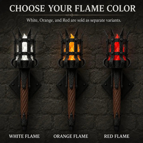 Medieval LED Torch Wall Sconce, Gothic Castle Flame-Effect Lamp with white, orange, and red flame variants displayed.