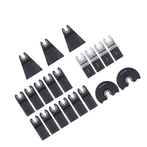 20 Piece Oscillating Saw Blade Kit with Arrow Case displayed, including high carbon steel and bi-metal blades for versatile cutting.