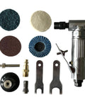 High Rpm Pneumatic Angled Grinder Tool Set With Swappable Collets featuring assorted sanding discs and steel tools.