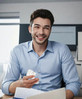 Young man smiling while holding Heavy Duty Metal Fidget Slider Featuring Unlimited Rotary Push Brick Design For Adults ADHD Anxiety And Stress Relief Smooth As Butter Gliding Action Kick Back And Chill Anytime.