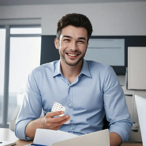 Young man smiling while holding Heavy Duty Metal Fidget Slider Featuring Unlimited Rotary Push Brick Design For Adults ADHD Anxiety And Stress Relief Smooth As Butter Gliding Action Kick Back And Chill Anytime.