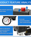 Air Compressor Pressure Switch With 4 Way Valve And Regulator, red switch, pressure gauge, durable plastic and aluminum case