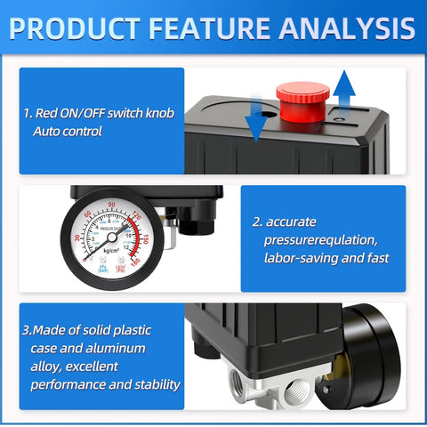 Air Compressor Pressure Switch With 4 Way Valve And Regulator, red switch, pressure gauge, durable plastic and aluminum case