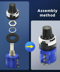 Pro Grade 10 Turn 1K Ohm Rotary Potentiometer assembly with parts shown separately and fully assembled in blue and black.