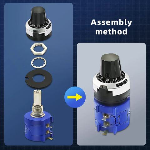Pro Grade 10 Turn 1K Ohm Rotary Potentiometer assembly with parts shown separately and fully assembled in blue and black.