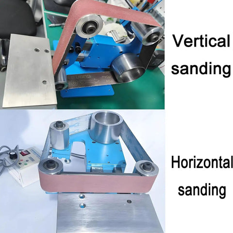Heavy Duty 750W Electric Belt Grinder And Polisher showing vertical and horizontal sanding configurations with aluminum and copper components.