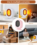 Cozy 1500W Desk Heater With PTC Ceramic Heating, pink finish, shown in various room settings for versatile use.