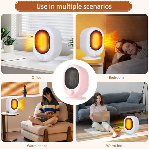 Cozy 1500W Desk Heater With PTC Ceramic Heating, pink finish, shown in various room settings for versatile use.