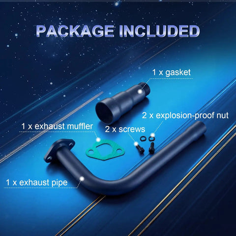 Three Stage Exhaust Header Pipe Fits 212cc 196cc 224cc Go Karts And Gas Mini Bikes package with muffler, nuts, and screws.