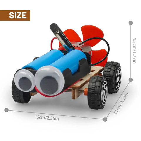 Wind Powered Cars Kit For Kids Ages 8 To 12, Six Wood Building Crafts Cars Set showing dimensions and battery design