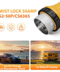 Badass High Grade Heavy Duty SS2 50P To 14 50R 50 Amp Marine Shore Power Adapter Cord For Tesla EV RV Camper Yacht Twist Lock showing connection details.