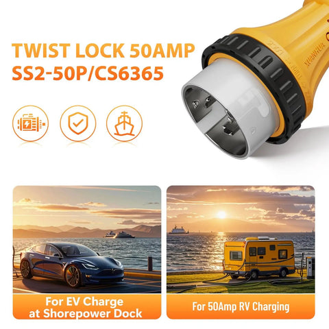 Badass High Grade Heavy Duty SS2 50P To 14 50R 50 Amp Marine Shore Power Adapter Cord For Tesla EV RV Camper Yacht Twist Lock showing connection details.