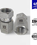 One Half Inch NPTF Female To One Half Inch NPSM Swivel Hydraulic Adapter With Carbon Steel Zinc Plated Construction Rust Resistant Ultra Durable And Precise Straight Swivel For Hydraulic Hoses And Valves, shown front and side