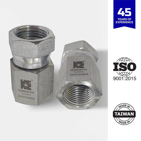 One Half Inch NPTF Female To One Half Inch NPSM Swivel Hydraulic Adapter With Carbon Steel Zinc Plated Construction Rust Resistant Ultra Durable And Precise Straight Swivel For Hydraulic Hoses And Valves, shown front and side