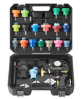 Heavy Duty 28 Piece Universal Radiator Pressure Tester Kit With No Sweat Manual Coolant Refill And Full Set Of Color Coded Adapter Caps, open case with tools visible.