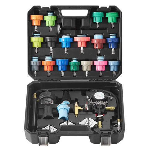 Heavy Duty 28 Piece Universal Radiator Pressure Tester Kit With No Sweat Manual Coolant Refill And Full Set Of Color Coded Adapter Caps, open case with tools visible.