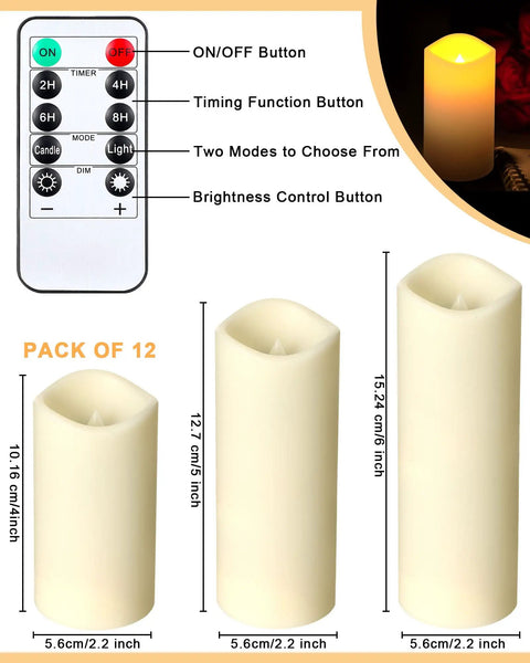 Waterproof Flameless LED Pillar Candles Set Of 24 In 3 Heights With Remote Controls And Timers, 5.5 cm Diameter