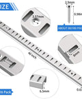 Close-up of 8 Pcs 40 Inch Shelf Pilaster Tracks and 24 Pcs Adjustable Metal Shelf Clips for Mortise Mount Pilaster Strips with size details.
