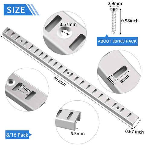 Close-up of 8 Pcs 40 Inch Shelf Pilaster Tracks and 24 Pcs Adjustable Metal Shelf Clips for Mortise Mount Pilaster Strips with size details.