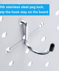 Close-up of a stainless steel peg lock and hook from the 80 Piece Pegboard Hook Set With Bins And Locks For DIY Tool Organization.