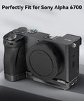 Baseplate For Sony Alpha 6700 With Built In Arca Quick Release Plate And Bottom Mount, attached to camera body on table.