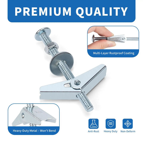 100 Piece Hollow Wall Anchors Toggle Bolt Kit With Wing Nuts In 3 Sizes For Drywall And Ceiling Mounts, Ideal For Hanging Lighting, Art, Mirrors, And Towel Racks, Easy DIY Install For Pros And Beginners. Metal toggle bolt with wing nut, rustproof finish
