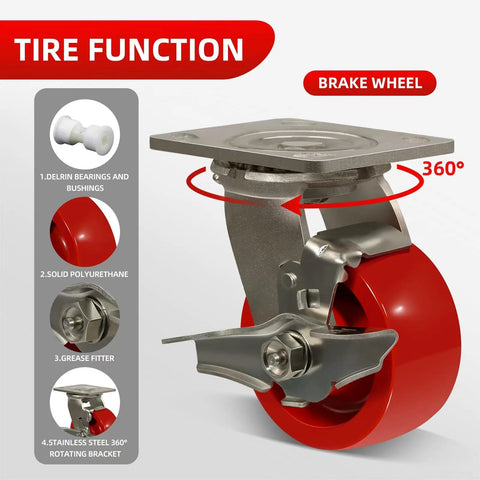 Stainless steel 4-inch heavy-duty caster with red polyurethane wheel and brake, 360° rotating bracket.