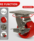Four Inch Stainless Steel Casters With Solid Polyurethane Wheels Heavy Duty Rust Proof Industrial Locking Brakes shown from side with 360° rotation.