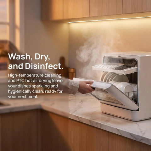 Compact Countertop Dishwasher With Four Smart Wash Cycles And Built In Water Tank Knocks Out Daily Cleanup Zero Hassle LED Display in use.
