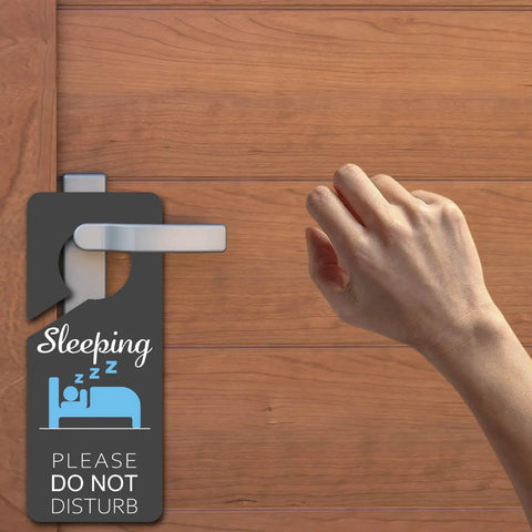 Sleeping Do Not Disturb Door Hanger Signs Black PVC Double Sided 9x4 Inch Two Pack for office use shown on door handle